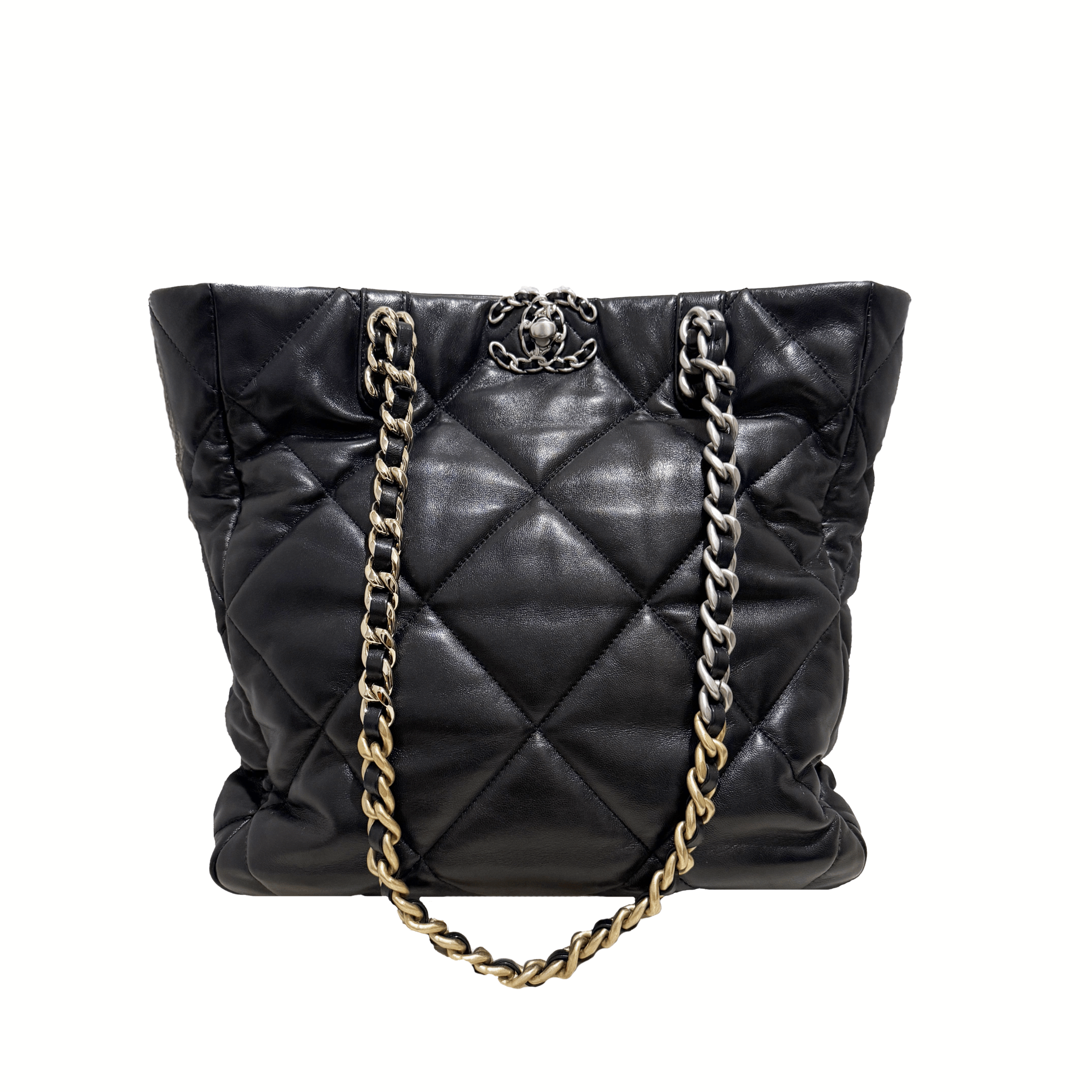 シャネル 19 ディズヌフ マトラッセ チェーンショルダートートバッグ ラムスキン 黒 AS3519