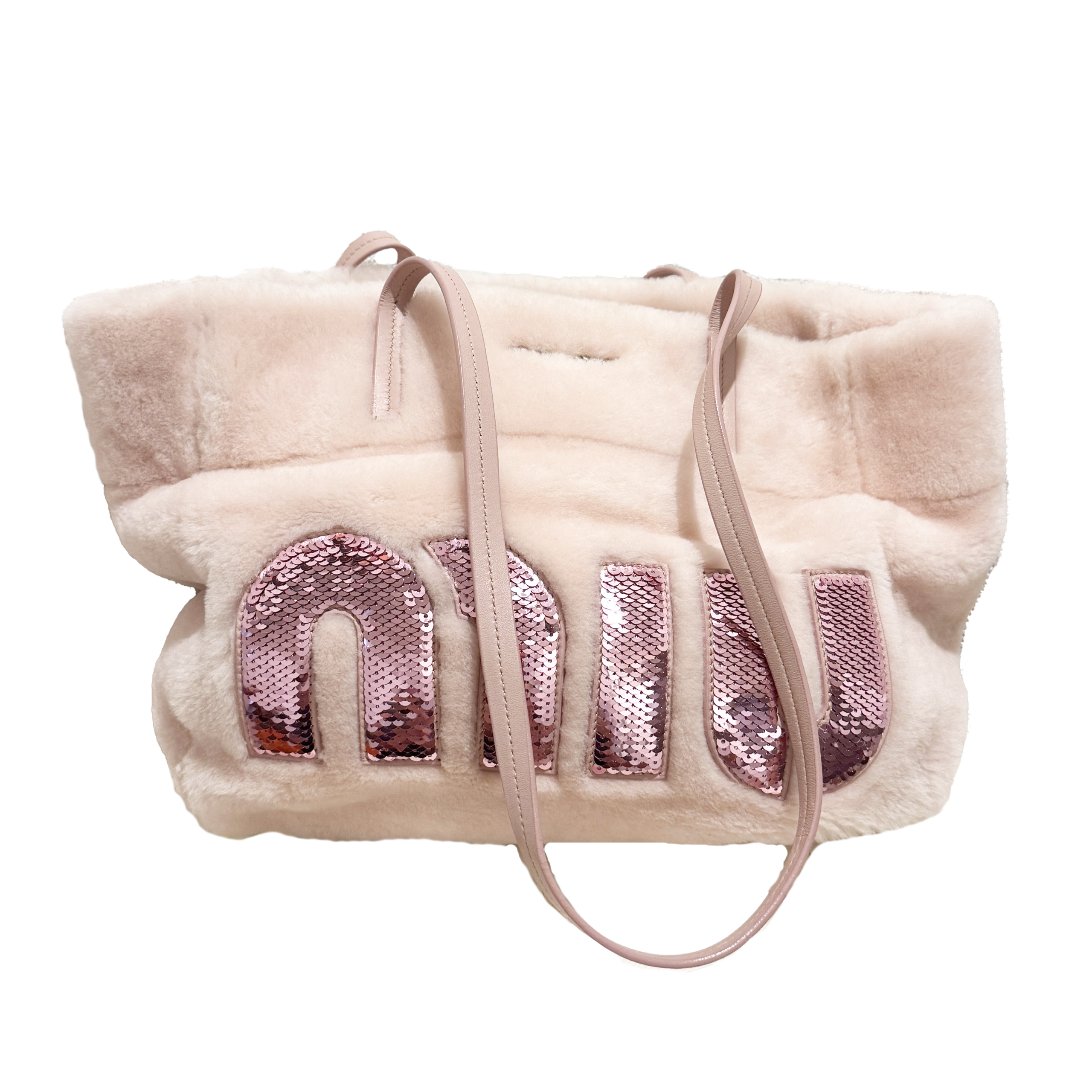 ミュウミュウ シアリングファー モントーネレタートートバッグ ピンク